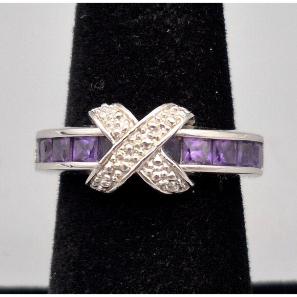 Sterling Silver Ring Amethyst Stones X Design Size 7 Signed 925 FAS - Picture 2 of 7